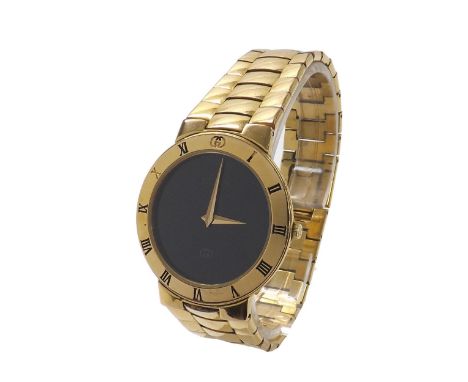 Gucci gold plated gentleman's bracelet watch, ref. 330M, black dial, quartz, 33mm (3743J5) - Condition Report: - Movement - r