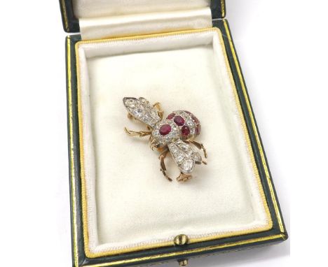 Antique old-cut diamond, ruby and opal set novelty bug brooch, set in yellow and white metal, 8.9gm, 39mm wide *with Bloom & 