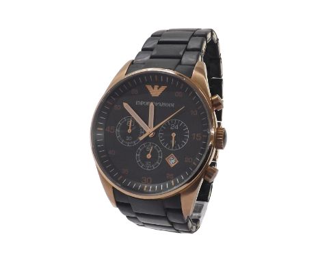 Emporio Armani rose gold plated and rubber chronograph gentleman's wristwatch, ref. AR-5905, quartz, 43mm (chronograph featur