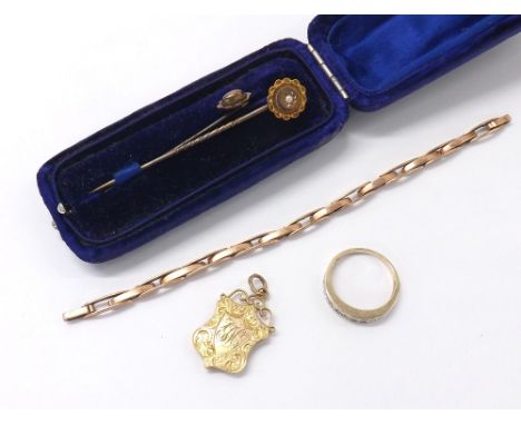 9ct diamond half eternity ring, 9ct engraved shield pendant, two hatpins and a piece of 9ct originally from a watch bracelet,