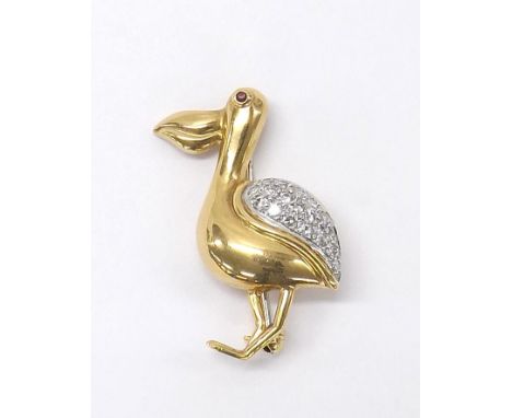 18ct yellow gold ruby and diamond set dodo brooch, 5.7gm, 33mm high