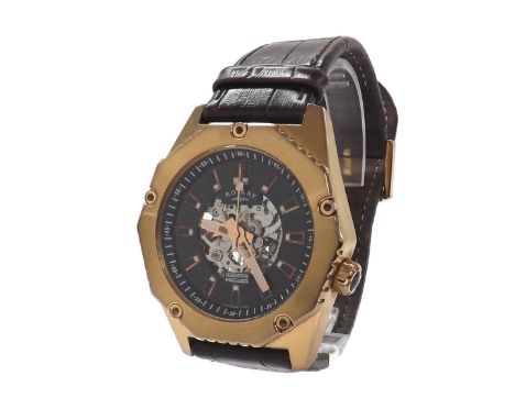 Rotary automatic gold plated gentleman's wristwatch, ref. 14644, no. PL0-008632, skeleton dial with exhibition back, tan leat