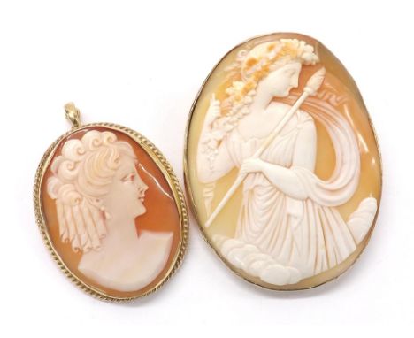 Two 9ct mounted oval shell cameo brooches depicting portrait profiles of ladies, the largest 52mm x 42mm (2)