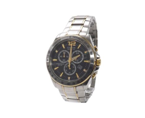 Citizen Eco-Drive chronograph WR100 stainless steel and gold plated gentleman's bracelet watch, 43mm (chronograph at fault) (