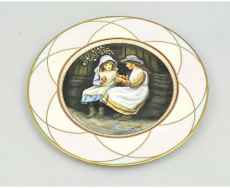 Coalport cabinet plate, painted with girls playing cats cradle by Manfred Pinter, diameter 27cm.
