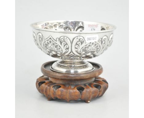 Silver pedestal rose bowl, in wood stand, William Hutton 1897.