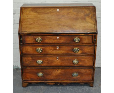 George III mahogany bureau, fall front enclosing an interior fitted with cupboard, pigeon holes and drawers, four long gradua