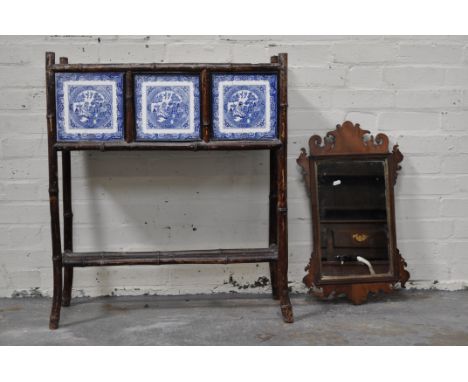 Walnut wall mirror, rectangular plate, fretted outlines, in the Chippendale style, height 64cms, 19th Century bamboo framed t