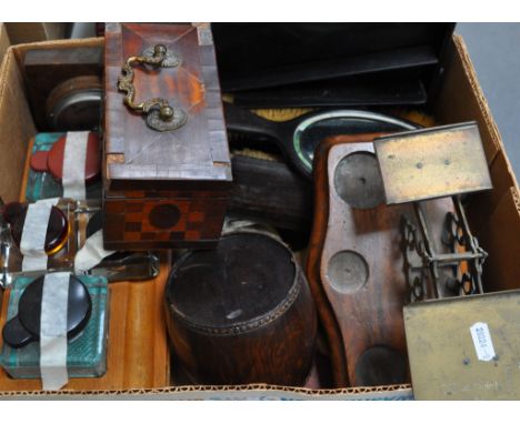 Mahogany tea caddy, postal scales, inkwells, etc.