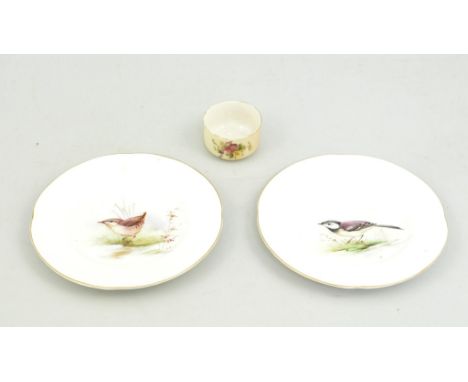 Two Royal Worcester tea plates, painted respectively with a Wagtail and a Wren, diameter 14cm and a Worcester peach ground bo