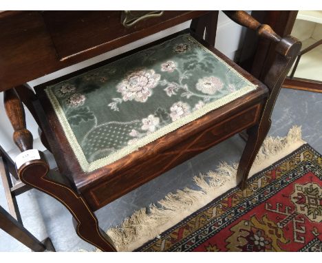 Edwardian music stool, inlaid with stringing, green upholstered hinged seat