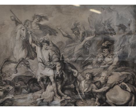 Bartolozzi after Benjamin West, Alexander III, King of Scotland rescued from the fury of a stag, monochrome print, 52cm x 68c