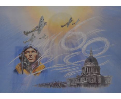 After Wilfred Hardy, "Salute to the Few 1940", colour print, 31 x 46cms, other near contemporary coloured prints and unframed