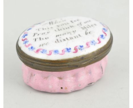 Staffordshire oval enamel box, 'When This You See Pray Think of Me', mirror interior