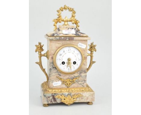 French marbled and gilt metal mantel clock, white enamelled dial with festoons, cylinder movement, striking on a bell, 31cms.