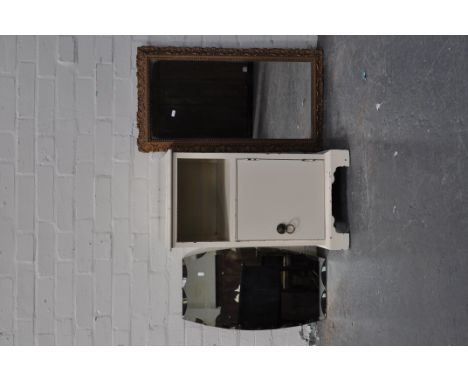 Painted bedside table, labelled Tibbenham, with a single door, bracket feet, width 36cms, a nest of three tables, an oak occa