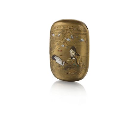 SHIBAYAMA-INLAID LACQUER FOUR-CASE INROMEIJI PERIOD inlaid in mother-of-pearl, ivory and coral on a kinji ground with Fukurok
