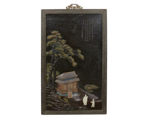 EXCEPTIONALLY LARGE HARDSTONE AND CLOISONNÉ ENAMEL HANGING PANELembellished with jade, cloisonné enamel, wood and hardstone t