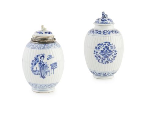 TWO REEDED OVIFORM JARS AND COVERSKANGXI PERIOD the first painted with three roundels each enclosing a beauty in a fenced gar