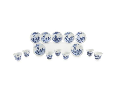 SET OF SEVEN BLUE AND WHITE CUPS AND SAUCERSDAOGUANG MARK AND OF THE PERIOD each painted with a female immortal and an older 