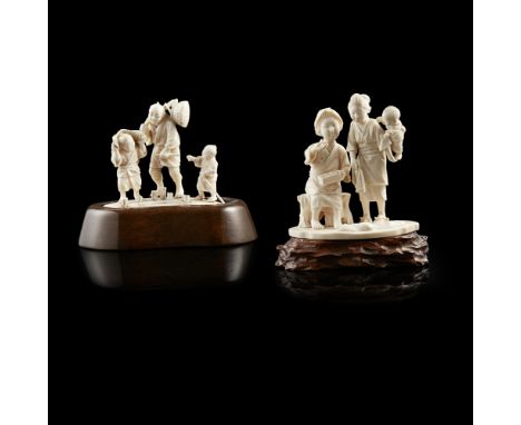 TWO IVORY OKIMONO OF FIGURAL GROUPSMEIJI PERIOD the first depicting a lady, a female attendant and a boy; the second depictin