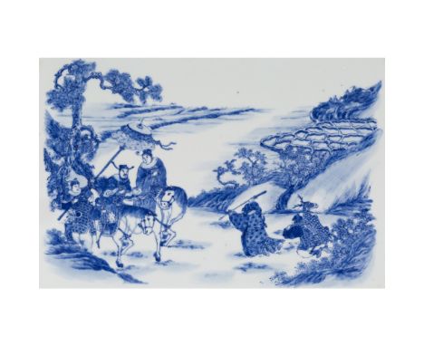 BLUE AND WHITE PORCELAIN 'HUNTING SCENE' PLAQUEQING DYNASTY, 19TH CENTURY finely painted in subtle shades of cobalt blue with