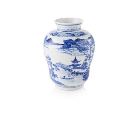 BLUE AND WHITE 'LANDSCAPE' VASEKANGXI SIX-CHARACTER MARK BUT 19TH CENTURY painted in fine shades of cobalt blue with figures 