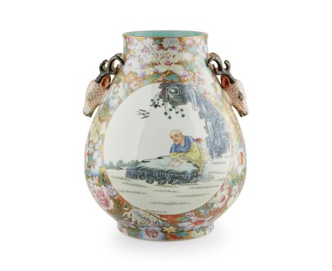 FAMILLE ROSE MILLEFLEUR GROUND VASE, LU TOU ZUNQIANLONG MARK BUT 20TH CENTURY the bulbous body decorated with two circular pa