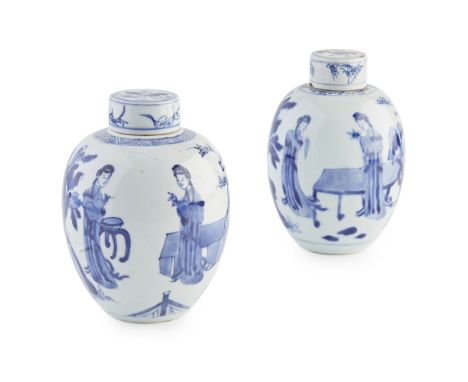 TWO BLUE AND WHITE 'LONG ELIZA' OVOID JARS AND COVERSKANGXI PERIOD each painted with four elongated ladies in a garden detail