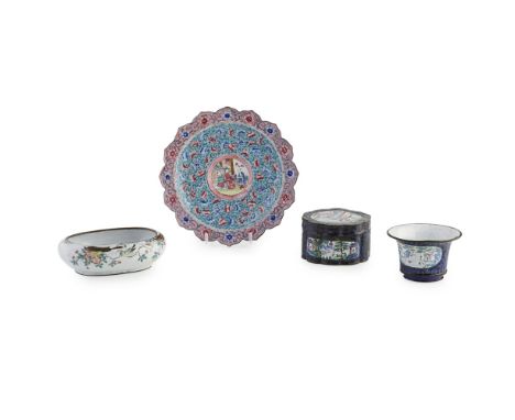 TWO UNUSUAL BASSE-TAILLE ENAMEL ARTICLESQING DYNASTY, 18TH/19TH CENTURY the first a tea cup with a flared rim, painted with f