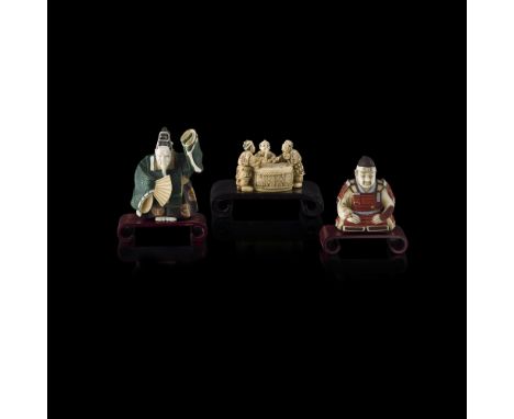 GROUP OF THREE IVORY NETSUKEMEIJI PERIOD the first depicting three drummers, signed Somin within a mother-of-pearl plaque; th