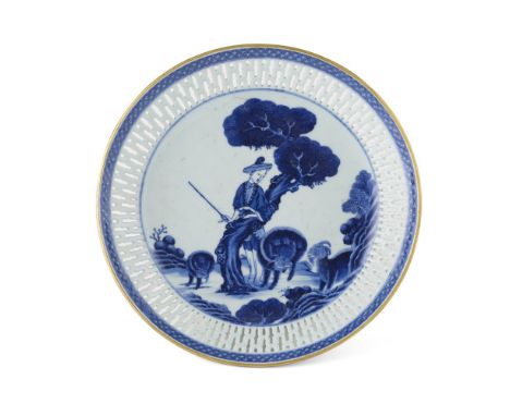 BLUE AND WHITE 'SHEPHERDESS' RETICULATED DISHYONGZHENG/QIANLONG PERIOD finely painted with a shepherdess standing behind a gn