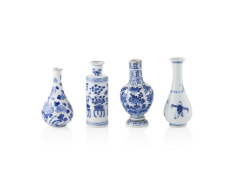 GROUP OF THREE SMALL BLUE AND WHITE VASESKANGXI PERIOD comprising: a pear-shaped bottle vase, painted with dancing boys; a cy