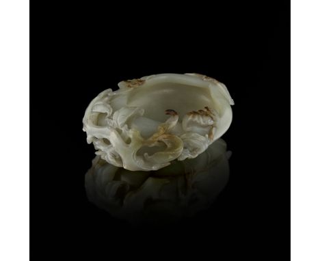CELADON JADE 'PEACH' BRUSH WASHERfinely carved in high relief and openwork as a hollowed peach borne on a gnarled leafy stalk