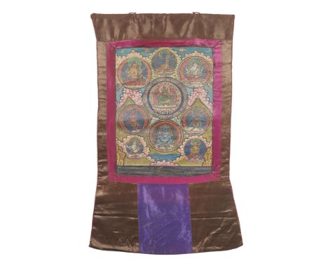 SET OF THREE SMALL THANGKASEARLY 20TH CENTURY the first depicting the twelve-armed Namasangiti, the second Manjushri holding 