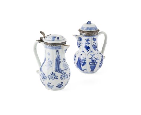 TWO BLUE AND WHITE MILK JUGS AND COVERSQING DYNASTY, KANGXI PERIOD OR LATER each painted with ladies and arrangements of seas