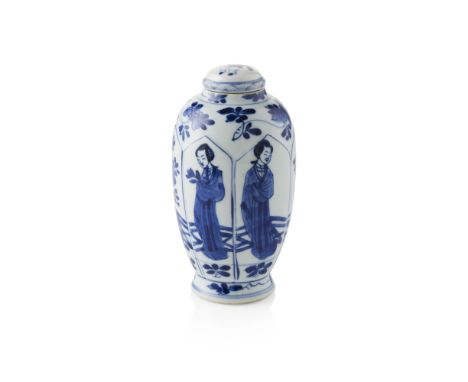 BLUE AND WHITE 'LONG ELIZA' JAR AND COVERYU CHARACTER MARK, KANGXI PERIOD decorated with six panels enclosing elongated figur