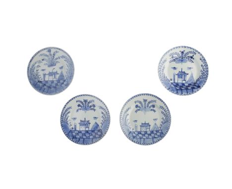 FOUR BLUE AND WHITE 'CUCKOO IN THE HOUSE' PATTERN PLATESKANGXI PERIOD each painted with a cottage flanked by a pair of birds,