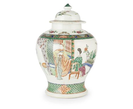FAMILLE VERTE BALUSTER JAR AND COVERKANGXI MARK BUT LATE QING DYNASTY/REPUBLIC PERIOD painted with beauties engaged in variou