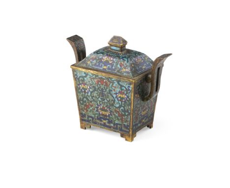 CLOISONNÉ ENAMEL INCENSE BURNER AND COVERQING DYNASTY, 18TH CENTURY of rectangular section, raised on four short bracket feet