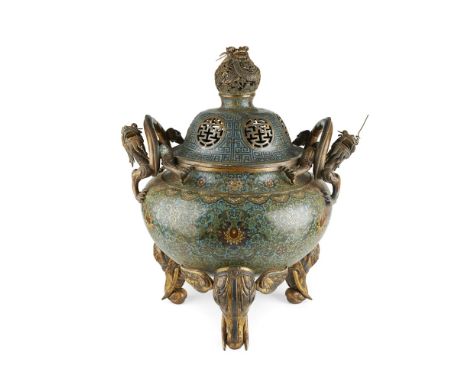 LARGE CLOISONNÉ ENAMEL TRIPOD CENSER AND COVERQIANLONG MARK BUT LATER the globular body decorated in cloisonné enamels with a