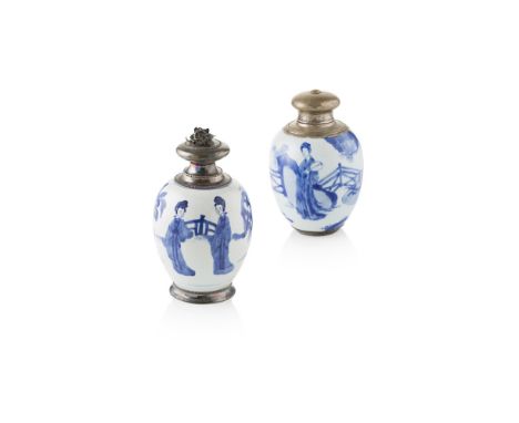 TWO SILVER-MOUNTED BLUE AND WHITE OVOID JARSQING DYNASTY, KANGXI PERIOD OR LATER each painted with elongated ladies in a fenc