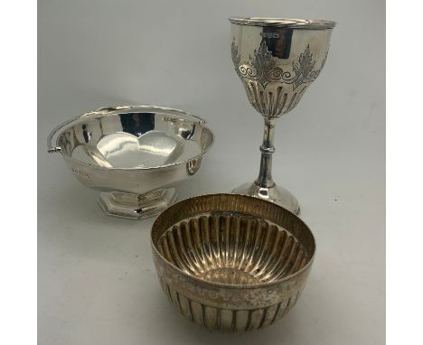 Silver bowl with swing handle, Birmingham 1915, silver goblet Sheffield 1897 and commemorative bowl, Crystal Palace 1898 - Ch