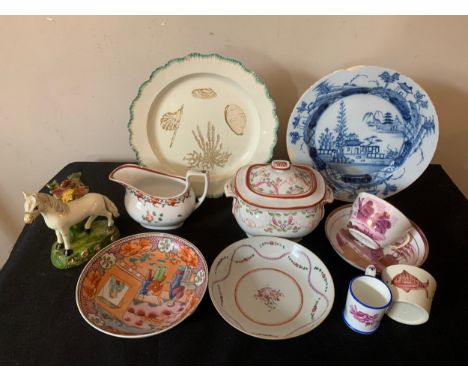 Ceramics to include 18thC, 19thC and 20thC plates , cups, saucers, 18thC Neale &amp; Co creamware feather edged plate.Conditi