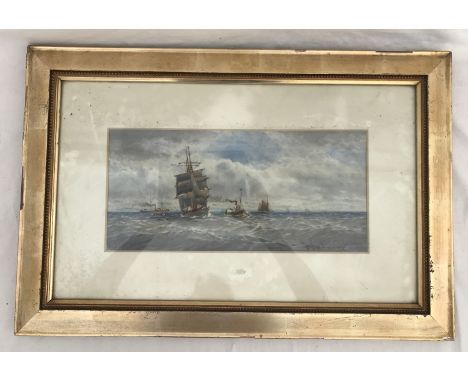 A seascape watercolour in gilt frame of sailing ships and tug boats signed by W.H. N. Bangor ? 1942. Painting size 17.5cms x 