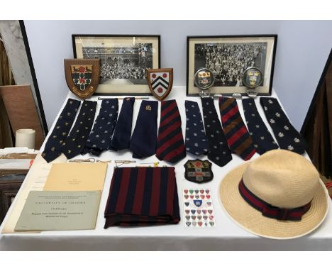 A collection of Oxford college University memorabilia to include 11 x college ties of various design, 1 x navy and maroon str