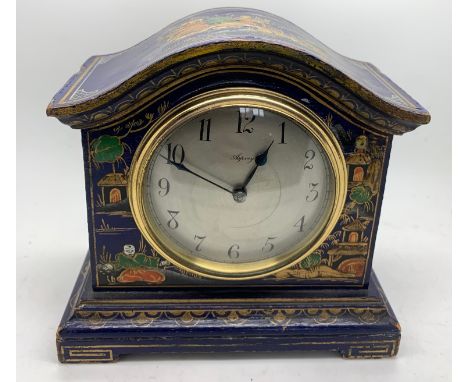 Blue chinoiserie decorated mantle clock retailed by Asprey. 15cms h.Condition ReportSome paint restoration to case.