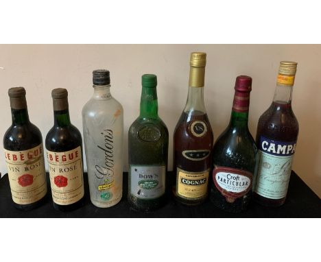 Seven various bottes to include Campari, Cognac, Croft Particular Sherry, Dow's port, Branco, Gordons G&amp;T and 2 Lebegue v