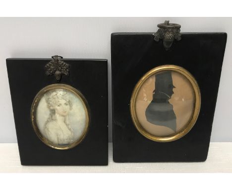 Black lacquered framed silhouette of a gentleman with top hat 7 x 5.4cms and a miniature portrait print after Cosway of a you