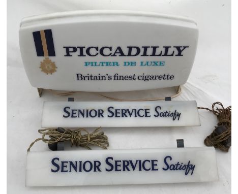Tobacco shop illuminated advertising signs of Piccadilly Filter De Luxe 33cms w x 19cms h and two Senior Service Satisfy illu